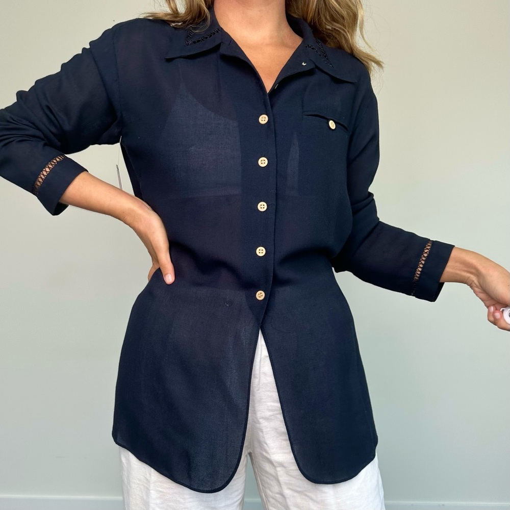 Vintage Liz Claiborne Navy Semi Sheer Old Money Button Down (S)